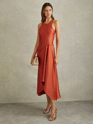 REISS Micah Satin Drape Tuck Midi Dress in Rust UK Size 16