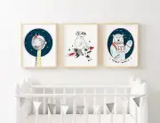 Baby Boy Space Nursery or Bedroom Wall Art Decor Print Set, 3 for 2, Boys Room