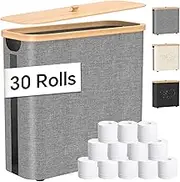Toilet Paper Storage with Bamboo Lid, Foldable Toilet Paper Basket Organizer Holder for up to Regular 30 Rolls Or 12 Mega Rolls, Waterproof Free Standing Toilet Paper Holder for Bathroom, Grey