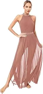 [Linjinx] Women's Lyrical Dance Costume Sparkly Rhinestone Side Split Mesh Leotard Dress Performance Dancewear