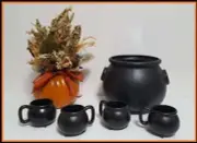 NEW RARE Williams Sonoma Cauldron Serving Bowl & 4 Cauldron Mugs Halloween