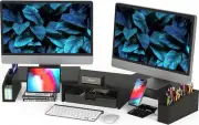 Black Dual Monitor Stand Riser with Drawer - Length and Angle Adjustable Double