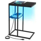 LED C Shaped End Table with Charging Station, Small Side Black With LEDs