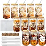 Cubotn 12-Pack 16oz Glass Cups with Lids, Straws, Brushes & Gift Cards - Motivational Designs for Teacher Appreciation, Birthdays, Christmas & More