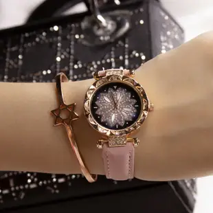 手錶 女表鑲鑽時來運轉女士手錶休閒磨砂皮錶帶石英錶 女