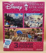 Disney Thomas Kinkade Studios 3 Jigsaw Puzzles in One Box w/ Puzzle Glue, NEW