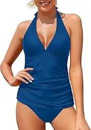 [Holipick] Two Piece Tankini Bathing Suits for Women Tummy Control Swimsuits Sexy V Neck Halter Tankini Top with Bikini Bottom