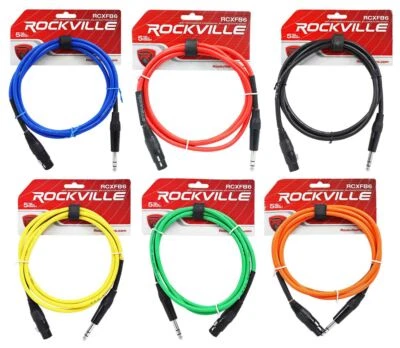6 Rockville 6' Female Rean XLR to 1/4'' TRS Cables (6 Colors)