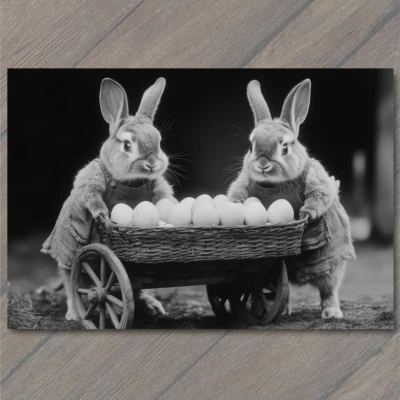 FLATCARD Easter Bunnies Basket Eggs Old-Fashioned Farmhouse Rustic Rabbit