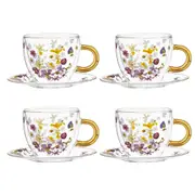 Ashdene Pressed Flowers Set of 4 Double Wall Glass Cup & Saucer - Robins Kitchen