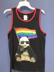 M PANDA PRIDE FLAG FLYING BLACK RED COTTON BLEND TANK TOP by “WELL WORN” NEW