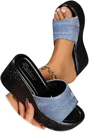 [Generic] Wedge Sandals for Women Open Toe Denim Wedge Heels Retro Comfortable Slides Sandals Dressy Summer Casual Bech Outdoor Sandal Shoes