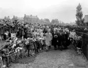 A huge crowd schoolchildren cheer Prince Wales during visit to Pon- 1930s Photo
