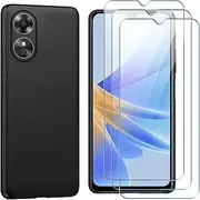 [NUCNOK] Case for Oppo A17 + [3 Pack] Tempered Glass Screen Protectors,Silicone Soft TPU Cover,Black Slim Shockproof Case,Scratch-Resistant,Anti-Drop,Full Body Protection