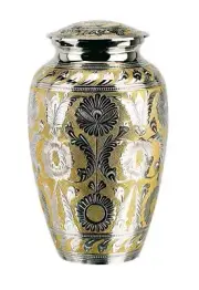 Silver and Gold Colored Brass Funeral Cremation Urn w. Box, 7" Child/Pet Size