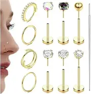 [LOLIAS] 14K Gold Filled Nose Rings 20G 18G Threadless Nose Rings Hoops Studs - 316L Surgical Steel Push in Flat Back Nose Stud - CZ Hypoallergenic Nose Nostril Tragus Helix Piercing Jewelry for Women
