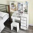 Vanity Make up Desk Dressing Table Stool Set with 6 Drawers, LED Sliding Mirror