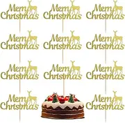 HOXIEYA Christmas Cake Topper Gold Elk Merry Christmas Cupcake Toppers Xmas Holiday Cake Toppers Festive Decorative Cake Accessories Party Cake Decoration for Christmas