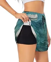 [GaxfjRu] Tranquil Water Print Women's Running Shorts High Waisted Running Shorts Pocket Sporty Gym Elastic Short, Black, XXL
