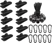 10 Set of Heavy Duty Tarp Clips with Carabiner & Bungee Cords - Lock Grip Clamps for Awnings, Camping, Canopy Tie Down, Caravan Accessories, Tent Fasteners, Waterproof Tarp Shark Clips Secure Grip