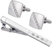 [VKEID] Men's Tie Clip Cufflinks Set Silver Coloured Diamond Encrusted Glossy Brushed Cufflinks Tie Clip Set Men's Cufflinks Tie Clips