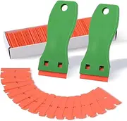 FOSHIO 2PCS Green Plastic Razor Paint Scrapers Removers with Contoured Grip + 100 PCS 1.5 inch Refillable Double Edge Plastic Razor Blades for Cleaning Auto Window Tint Vinyl Decals Stickers
