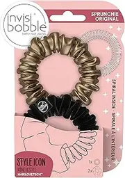 invisibobble Sprunchie Slim Spiral Hair Ring - True Black and True Golden - 2 Pack- Scrunchie Stylish Bracelet, Strong Elastic Grip Coil Accessories for Women - Gentle for Girls Teens and Thick Hair
