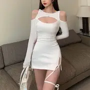 Long-Sleeve Plain Cross-Strap Cutout Slim-Fit Dress White - One Size