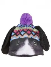 NWT Justice Girls Black Puppy Floppy Ears Mulit Color Puff-Ball Winter Hat NEW
