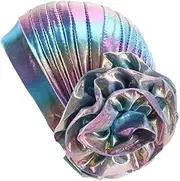 [Generic] Glitter Laser Flower Turban Colourful Beanie Cap Stretchy Hair Wrap for Women