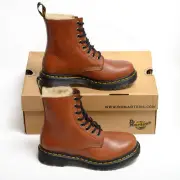 Dr. Martens 1460 Serena Leather Boots Lace Up Faux Fur Saddle Tan - Women's Sz 5