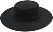 [bamboopack] Vintage Wide Brim Flat-Top Fedora Hat Panama Hat Porkpie Hat Boater Church Derby Cap Jazz Hat with Bow Belt(Black)
