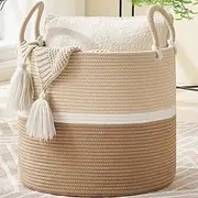 KAKAMAY Large Blanket Basket (18"x18"x16"),Woven Baby Laundry Hamper for Storage, Cotton Rope Blankets Baskets for Nursery, Laundry, Living Room, Pillows, Baby Toy chest with Handles (Light Brown)