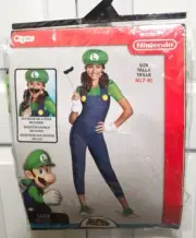 Luigi Girls Costume 7-8 Mario Nintendo Halloween with Mustache Stick Hat Gloves