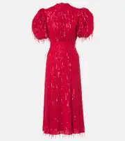 [Rotate] Rotate Sequined puff-sleeve midi dress AU 12 red