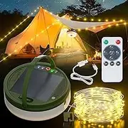 4 in 1 Solar Camping String Lights, 33Ft Ultra Long String with 100LEDs, Solar Powered and USB Rechargeable Light with Remote Control, Portable Camping Light for Hiking, Decorations