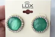 Lux Green Moonglow Lucite Cabochon Crystal Rhinestone Hallo Pierced Earrings