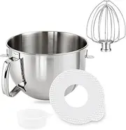 6 QT Stainless Steel Mixer Bow & K256WW Whisk for Kitchen aid 5.5-6 Quart Bowl-Lift Stand Mixer Replacement, 6 Wire Whip and Mixing Bowl with Cover for KitchenAid Mixers Attachments