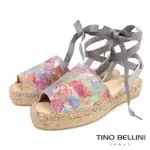 【TINO BELLINI 貝里尼】班牙進口牛皮渲染花卉綁帶草編厚底鞋FNT0010