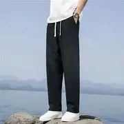 Drawstring Waist Plain Straight Leg Pants Black - 3XL