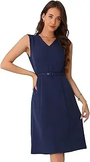 [Allegra K] Work Dresses for Women's V Neck Sleeveless Office Dress with Belt
