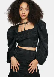 [Glamorous] Black Brocade Tie Neck Crop Top