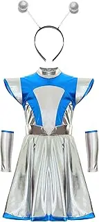 [Miutii] Kids Girls Metallic Et Skirt Costume Outfit Cosplay Fancy Dress Up Outer Space Gown With Arm Sleeve Hair Band