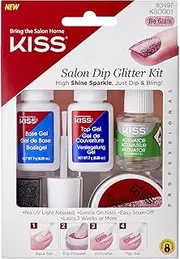 KISS Salon Dip, Dip Powder Nail Kit, Includes 7g Base Gel, 7g Top Gel, 7.5ml Activator, 9g Pink Glitter Dip Powder, Dusting Sponge, Replacement Gel Brush, Nail File, Manicure Stick
