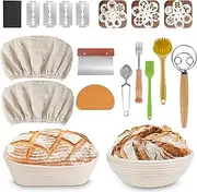 [Ninonly] Banneton Bread Proofing Basket Set of 2, 9.8 Inch Round & 9.8 Inch Oval Bread Proofing Basket, Sourdough Starter Kit With Sourdough Proofing Basket, Liner, Dough Whisk & Scrapers, Bread Lame