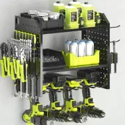 Efficient Iron Tool Storage Rack: 4 Drill Holders & Additional Side Pegboards