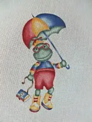 Needlepoint Canvas Hand Stitch Painted Colorful Frog with School Books Umbrella