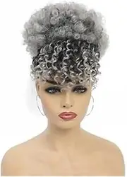 Hairpiece Synthetic Short Kinky Curly Drawstring Ponytail with Bangs, Clip in Afro High Puff Hair Bun Hairpiece Daily Use(1BTgrey)