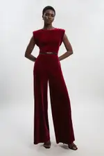 Petite Stretch Velvet Strong Shoulder Jumpsuit
