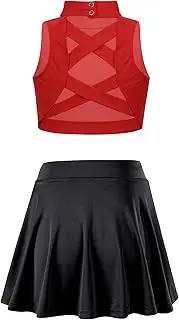 [FEESHOW] Girls Tennis Golf Dress Outfit Kids Active Sports Crop Bra Top Skirts with Built-in Shorts